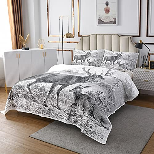 Deer Duvet Set Deer Antlers Bedspread Safari Animals Sketch Quilted for Children Boys Girls Elk Wildlife Natural Bedspread Duvet Bedroom Decor with 2 Pillowcases 220 x 240 cm
