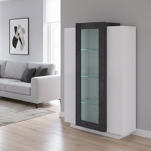 Dmora - Anzeigefenster Kevin, Sideboard mit drei Türen, Mehrzweck-Wohnzimmermöbel, 100 % Made in Italy, 80 x 38 x 121 cm, glänzendes Weiß und Schiefer,