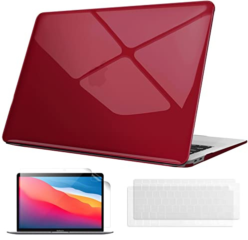 Fintie Hülle kompatibel mit MacBook Air 13 (2018-2020 Version) A2337(M1)/A2179/A1932, Ultradünne Hartschale Schutzhülle Snap Case + 2 Tastaturabdeckungen + 1 Displayschutzfolie, Bordeaux