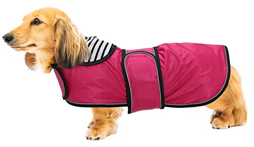 Geyecete Hunde Regenmantel,Einstellbar Wasserdicht Hundejacke für Dackel,Regenmantel mit reflektierenden Trägern,Regenjacken mit Gürtel mit Klettverschluss für Miniaturdackel-Rosa-S