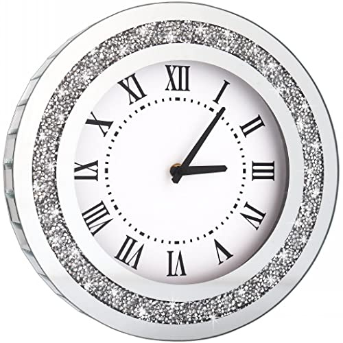 DMDFIRST Silberne runde Spiegeluhr, 30,5 cm, Kristall, funkelnd, glitzernd, Diamant-Wanduhr, für Wanddekoration, Silberglasspiegel, Heimdekoration AA-Batterie ist Nicht im Lieferumfang enthalten.