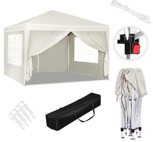 WOLTU Gazebo da Giardino Richiudibile 3x3m Gazebo da Esterno Ferro Regolabile in Altezza Tendone Pieghevole con Telo Impermeabile, Protezione Solare, Facile Montare Beige
