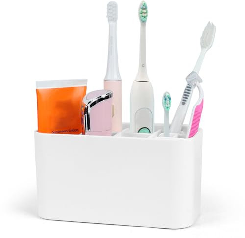 VECH Toothbrush Holder Bathroom Tooth Brush Holder Organiser Wall Mounted No Drill Plastic Storage Electric Toothbrush Holders for Bathrooms (White)