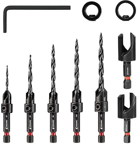 EZARC Senkbohrer Set für Holz, 10 tlg. Bohrer mit Senker Holzbohrer Kegelsenker Set 1/4 Hex Schaft mit Holzstopfen Schneider für Holzverarbeitung