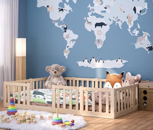 Bellabino Tapi Bett 140x200 cm, Kinderbett mit Rausfallschutz, inklusive Lattenrost, Montessori Bodenbett für Jungen und Mädchen aus Kiefer Massivholz, Natur lackiert, Bed