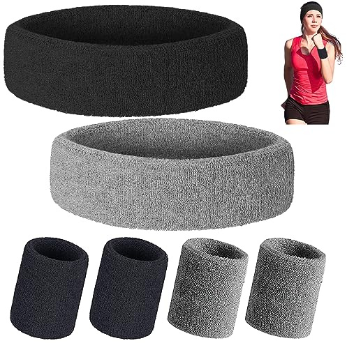 SamHeng 6 Pieces Sweatband Set, 2 Pcs Sport Headbands and 4 Pcs Moisture Wicking Wristband for Men Women, Sweat Bands for Gym Tennis Football Basketball Running Athletic Exercise Fitness (Black+Grey)