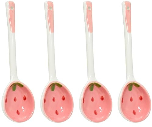 Honbay 4PCS Long Handle Ceramic Soup Spoons Strawberry Pattern Tablespoons Cute Porcelain Spoon for Breakfast Cereal Rice Yogurt Appetizers and Desserts