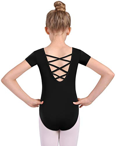 Mulnall Girls Dance Ballet Leotards Short Sleeve Criss Cross Straps Back Kids Gymnastic Leotards Costume Dancewear(5027-06-XXL)