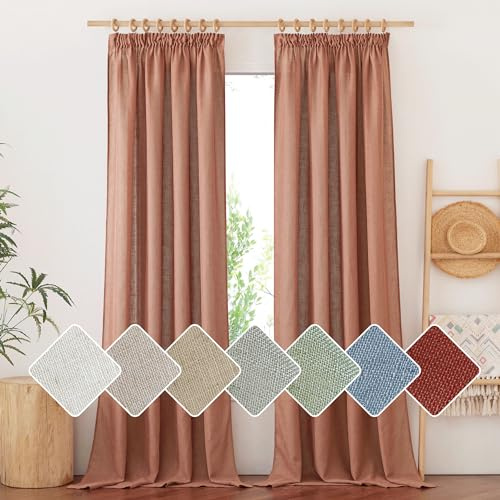 Pony Dance Linnegardiner med veckband set om 2 stycken H 245 x B 140 cm vardagsrum gardin boho linne gardiner halvtransparenta linneutseende gardiner med kjolar för skensystem, rödbrun