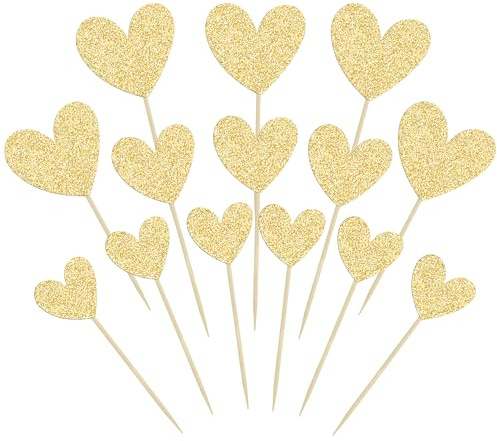 Ephlyn 24Pcs Heart Cupcake Toppers Glitter Love Heart Valentine Cupcake Picks for Valentine's Day Wedding Engagement Bridal Shower Birthday Party Cake Decorations Supplies Gold