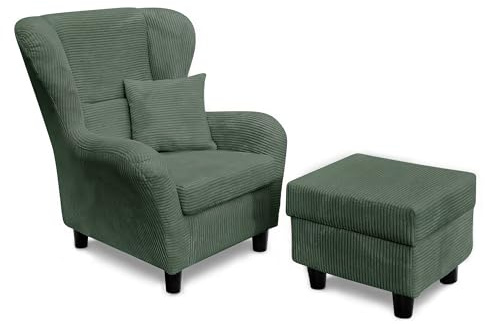lifestyle4living - Moderner Ohrensessel mit Hocker – Große Auswahl an Stoffen und Farben - Gemütlicher Designer-Sessel im eleganten Landhaus-Stil, Cordgrün