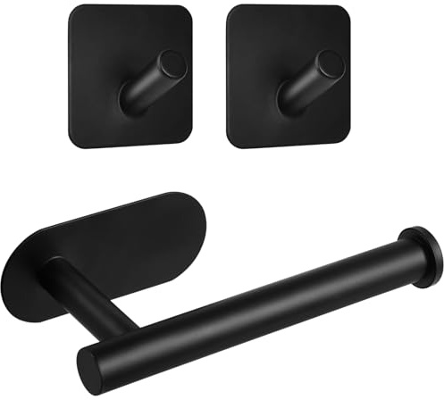 3 PCS Toilet Roll Holder Wall Mounted Set with Hooks Self Adhesive | No Drill Strong Adhesiveness Stainless Steel Black Toilet Roll Holder Waterproof for Bathroom Kitchen Easy to Install