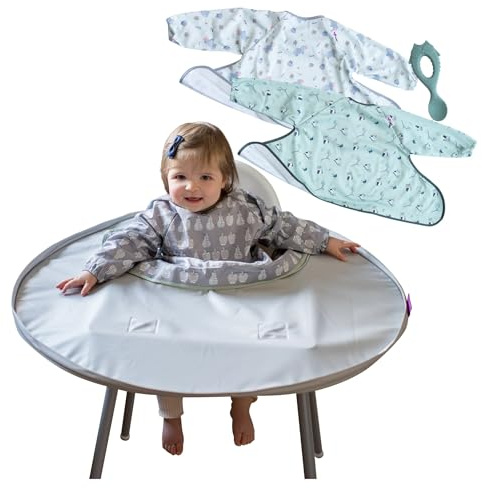 Tidy Tot™ Lätzchen-und-Tablett-Multi-Sett. Hochstuhl Tischplatte Set mit 3 Langarm Lätzchen. Befestigt Sich an Ihrem Hochstuhl. 3 Auffang Lätzchen für Baby mit Ärmel. Klettverschluss Lätzchen.