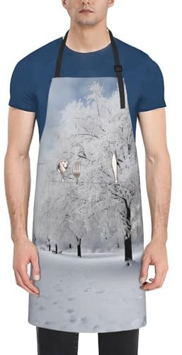 OUSIKA Weiße Schnee-Baum-Schürze für Männer und Frauen, wasserdichte Schürzen mit 2 Taschen, verstellbare Latzschürze, Küchenschürze, Kochschürze, Chef, robuste Arbeitsschürze, Schwarz , One size
