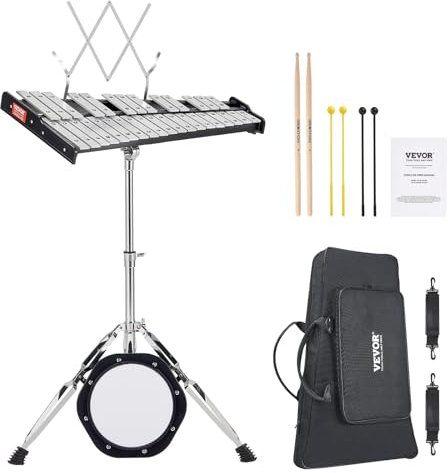 VEVOR Glockenspiel-Xylophon-Set mit 32 Noten, professionelles Schlaginstrumenten-Set mit Schlägeln, Trommelstöcken, Notenständer, 20,3 cm Übungspad, verstellbarem Ständer und Tragetasche