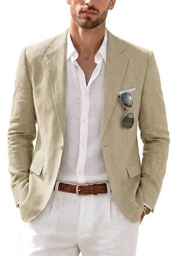 MrSure Men's Linen Blazer, Lightweight Casual Sport Coats, Solid Slim Fit Suit Jacket for Daily Beige