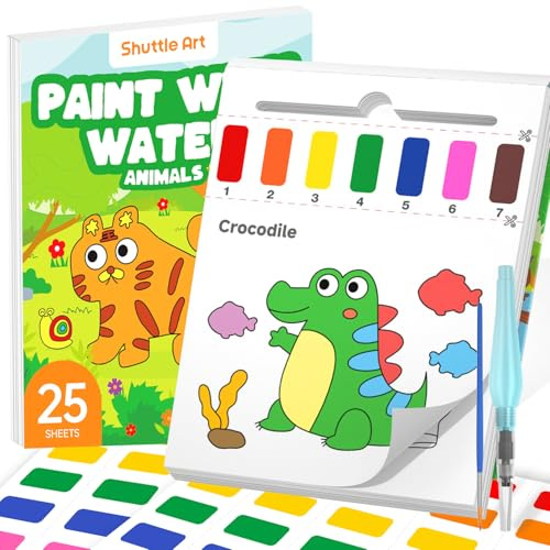 Shuttle Art Malbuch mit Wasserfarben für Kleinkinder, Wassermalbuch für Kinder mit 25 Seiten Tiere Vorlagen, 2 Pinseln und Wassermalfarben, Wasserfarben nach Zahlen Kinder Malbuch ab 3-8