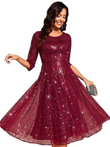 Ever-Pretty Robe Cocktail Femme Paillettes Manches Mi-Longues pour Soirée Bal de Promo Bordeaux 46