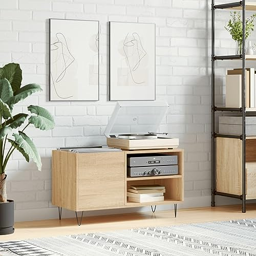 IKAYAA Mueble de Discos Tocadiscos 85x38x48 cm, Roble Sonoma, para Vinilos y CD