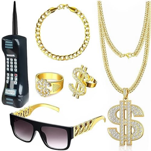 Komicea Zuhälter Kostüm Fasching 6er Set, 80er 90er Jahre Outfit Herren mit Gangster Gang Sonnenbrille Goldkette Dollar Ring Goldenes Armband, Kostüm Kit für Cosplay Karneval Fasching Thema Party