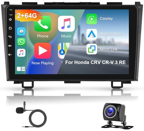 Hodozzy 2GB+64GB Android Autoradio pour Honda CRV CR-V 3 RE 2007-2011 Carplay sans Fil Android Auto, Écran Tactile 9 Pouces, GPS, WiFi,Bluetooth, FM/RDS, Mirror Link Radio 2 Din pour Honda CRV+Caméra