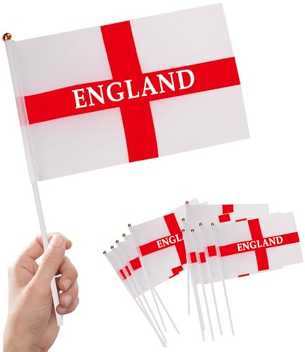 Nikolaus 12Pcs England Flags on Sticks for St. George's Day, European Euros Cup, National Patriotic Activities, Home Garden Decorations, 14 x 21cm, 30cm White Pole