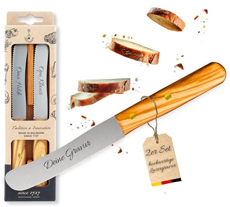 Personalisiertes Frühstücksmesser Solingen mit Holzgriff (Olive, 2x Glattschliff im Holzcase)