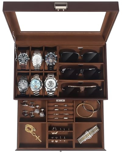 Kukikan Watch Jewellery Box Organiser, Watch Case and Sunglasses Storage with Large Glass Lid, 6 Slots and 2 Layers, Men's Jewellery Box with Lock, Watch Holder Display Case, Gift for Men Women