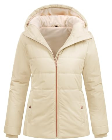RITOSTA Doudoune Femme Hiver Manteau Court Veste Matelassée Chaud Manteaux à Capuche Blouson Zippé Parka Epaisse Jacket Casual Anorak avec Poches(Beige,XL)