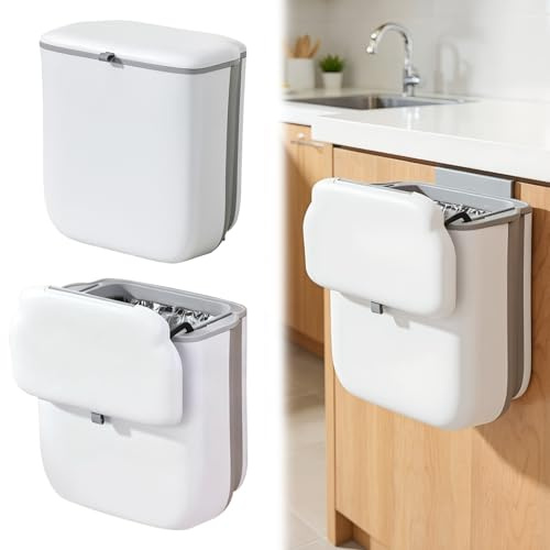 CHUNGG Foldable Kitchen bin, 10 Litre Hanging Trash Can with Lid, One Handed Press to Open Lid+Bag Buckle, Large Capacity Odor Isolation, Used Under Sinks, Cabinet Doors, Cabinet, Bathrooms, Bedrooms