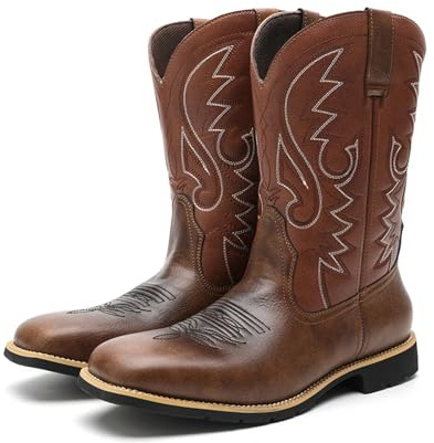 HWJFDC cowboystövlar män kreativt mönster broderade retro repstövlar, bred tå cowboy, hög topp ridning, Brun, 44