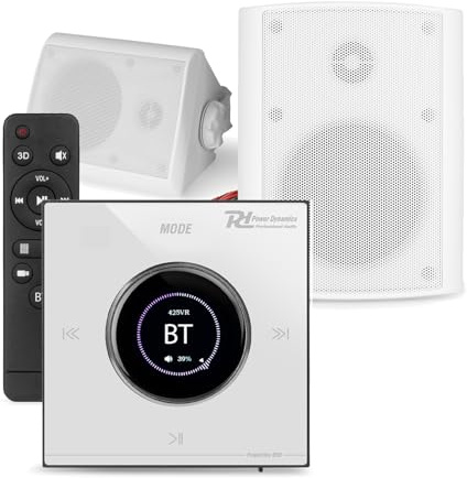 Powerline B50W Garden Wall Speaker System with Bluetooth In-Wall Amplifier, 2x Weatherproof 4 Outdoor Speakers, Speaker Cable – Complete Garden Audio Kit, White