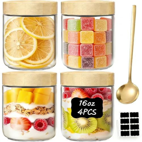 4 Set Overnight Oats Gläser 500ml,Meal Prep Gläser,Einmachgläser mit Schraubdeckel & Löffel,Mason Jar Gläser mit Holzdeckel für Porridge,Müsli,Chia Pudding,Frühstücks,Joghurt,Einlegen,Babynahrung