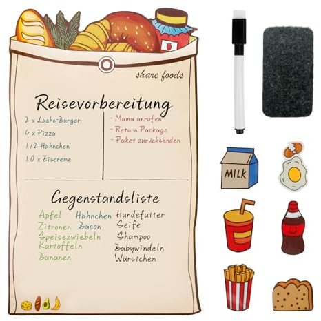 Film magnétique pour réfrigérateur - Motif pain mignon - Liste de choses à faire et planificateur de repas - Avec 6 aimants de réfrigérateur, stylo et gomme - 37 x 23,5 cm