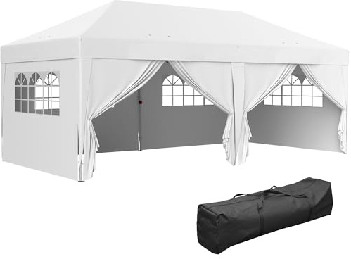Outsunny Pavillon ca. 6x3m Stabil Winterfest Pop-up Faltpavillon mit Fenster Reißverschlusstür Seitenteilen UV Schutz, Faltbar Partyzelt Gartenzelt Gartenpavillon für Garten Festival, Weiß