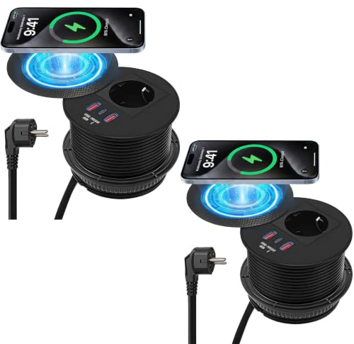 Prise de bureau encastrable avec USB C, prises de table de 90 mm avec couvercle, 2 ports USB-A PD 20 W et charge sans fil 15 W, câble d'alimentation de 1,8 m, prise pour meubles, plan de travail