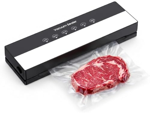 Envasadora al Vacío 5 en 1, Maquina al Vacio de Alimentos para Uso Doméstico y Comercial, Incluye bolsa de vacío，Fuerte Succión, Alimentos Secos, Humedos y Frescos (Black, 10 vacuum bags)