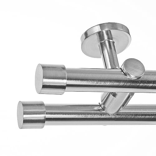 BASIT Gardinenstange Edelstahllook 20mm 2-läufig Decke 320cm lang D41 | Gardinenstangenset doppelläufig Deckenmontage Metall Vorhangstange Deckenhalterung 120-600cm wählbar Kappe E30