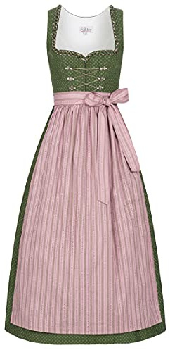 Nübler Dirndl lang Damen THEA - 2-teiliges Dirndl Kleid mit Langer Schürze im Landhausstil, 90 cm Rocklänge, Herz-Ausschnitt, Blumenmuster in Oliv und Rosa, perfekte Trachtenmode, Größe:44
