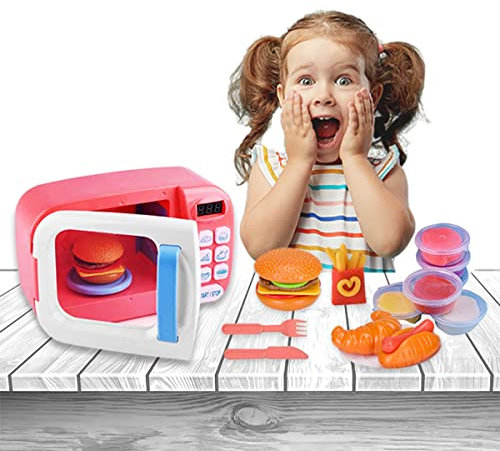 Kids Craft Toys Children Pretend Play Kitchen Appliance Large Microwave Oven Playset Red with Light Sound and Rotating Plate