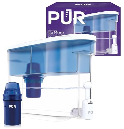 PUR 30-Cup Countertop Water Filter Dispenser, 1 Genuine PUR Filter, 2-in-1 Powerful Filtration, Lasts 2 Months or 40 Gallons, Dishwasher Safe, White/Blue (DS1800Z)