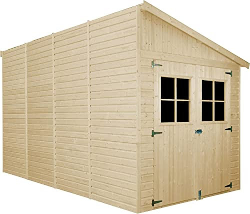 Abri de Jardin en Bois Naturel(avec paroi latérale) - Stockage extérieur avec fenêtres-H244x218x416 cm/8 m2, Hangar en Bois Naturel - Atelier Rangement Outils et vélos- TIMBELA M340A