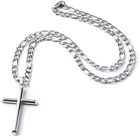 14K Figaro White Gold Cross Flat Chain Necklace Gift For Men, Women, Husband, Wife Diamond-cut Religious Curb cross. 5MM Cuban link Necklace (22)