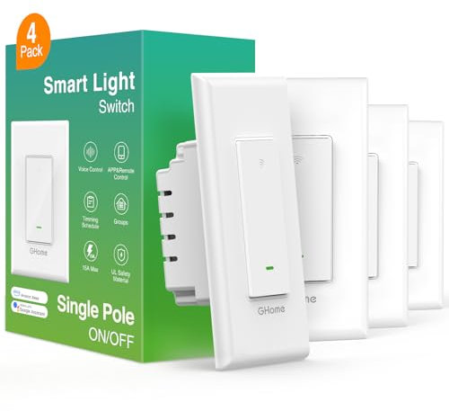 GHome Smart Switch,Smart Wi-Fi Light Switch for Lights Works with Alexa and Google Home 2.4Ghz, Single-Pole,Neutral Wire Required,UL Certified,Voice Control (4 Pack)