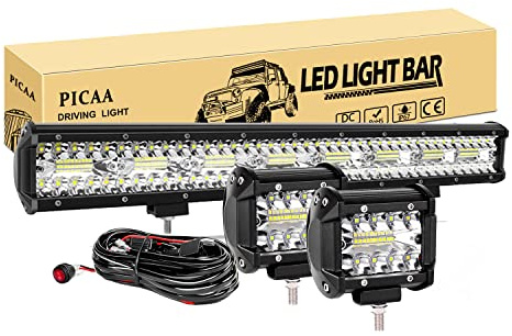 PICAA 7D 22 Zoll 480W Led Lichtbalken Mit 2PCS 4 Zoll LED Arbeitslicht 12V | 8D,Led Arbeitsscheinwerfer Zusatzscheinwerfer Bar,Spot Flutlicht Kombination， für SUV Offroad ATV UTV Traktor 4x4 Auto
