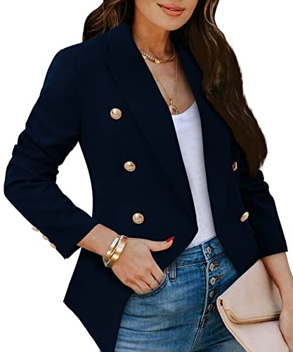 CRAZY GRID Women's Double Breasted Blazer Jacket - Open Front Business Casual Suit Long Sleeve Dressy Lapel Gold Button Ladies Work Office Blazer Deep Blue Large
