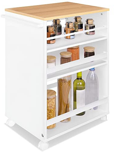 bomoe Nischenwagen Servierwagen auf Rollen mit 3 verstellbaren Ebenen & FSC® Holz Küchenwagen mit Arbeitsplatte – freistehender Universal Rollwagen Küche Bad Büro 50x38x79 cm Eiche & Weiß Bengt