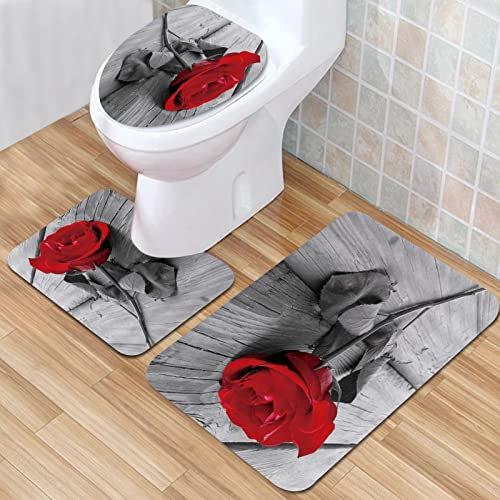 IUBBKI Badezimmermatte, rutschfeste Badematte, rote Rose auf grauem Holzboden, Holz, Romantik, romantische Liebe, Badematten-Set, 3-teilig, saugfähig, rutschfest, Badematte, WC-Vorleger, Badteppich