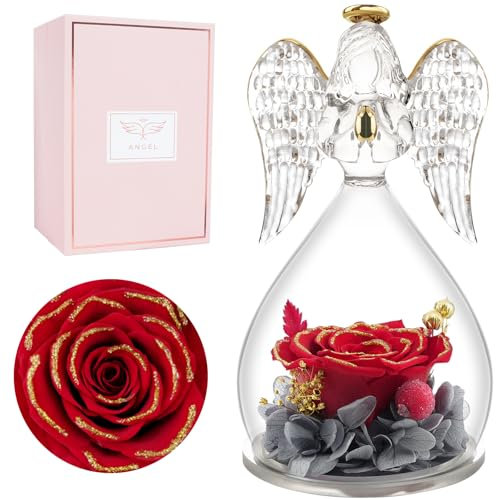 Miofula Ewige Rose Geschenke für Frauen, Geburtstagsgeschenk für Mama Blume Schutzengel Glaskuppel, Infinity Rosen Geschenke für Mutter Oma Freundin zum Weihnachten Muttertag Valentinstag Jahrestag