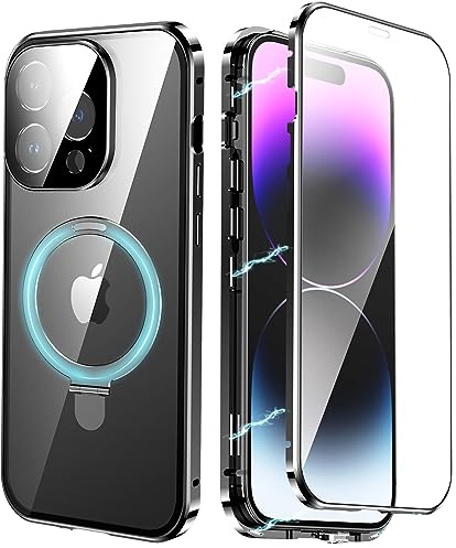 360 graders fodral för iPhone 14 Pro Max, magnetiskt stötsäkert MagSafe-skal med stöd [kameraskydd] transparent härdat glas och baksida PC, stötsäker metall för 14 Pro Max, svart